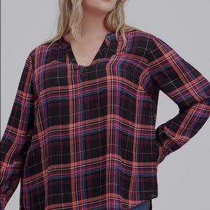 Torrid Georgette High/Low Pull-over in Black/Pink/Blue/Orange Plaid.